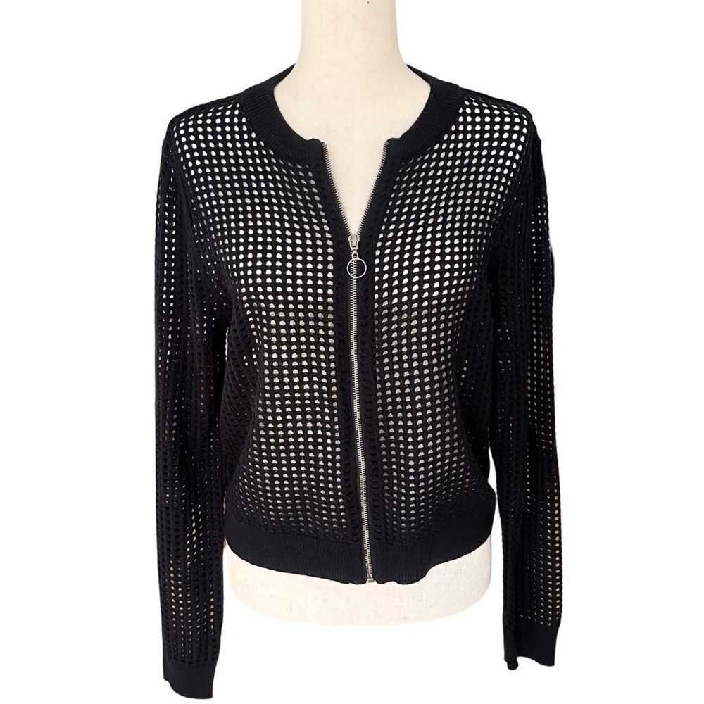 Ultra Flirt Womens Lightweight Open Weave Long Sleeve Zip-Up Cardigan Black Med